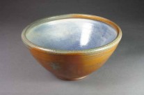 Large Serving Bowl with Blue Inside, Gray/Brown/Orange Shiny Outside.