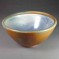 Large Serving Bowl with Blue Inside, Gray/Brown/Orange Shiny Outside.